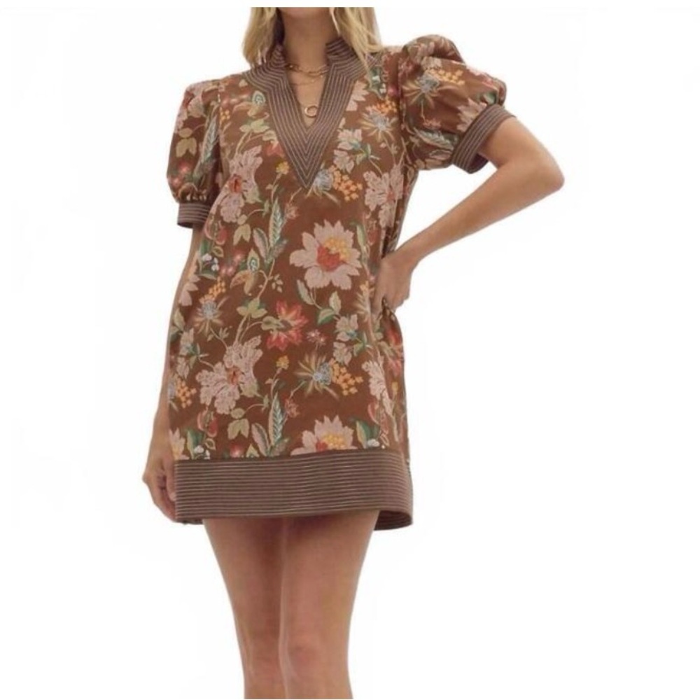 entro Brown Floral V-Neck Puff Sleeve Dress Size Large - Picture 2 of 5